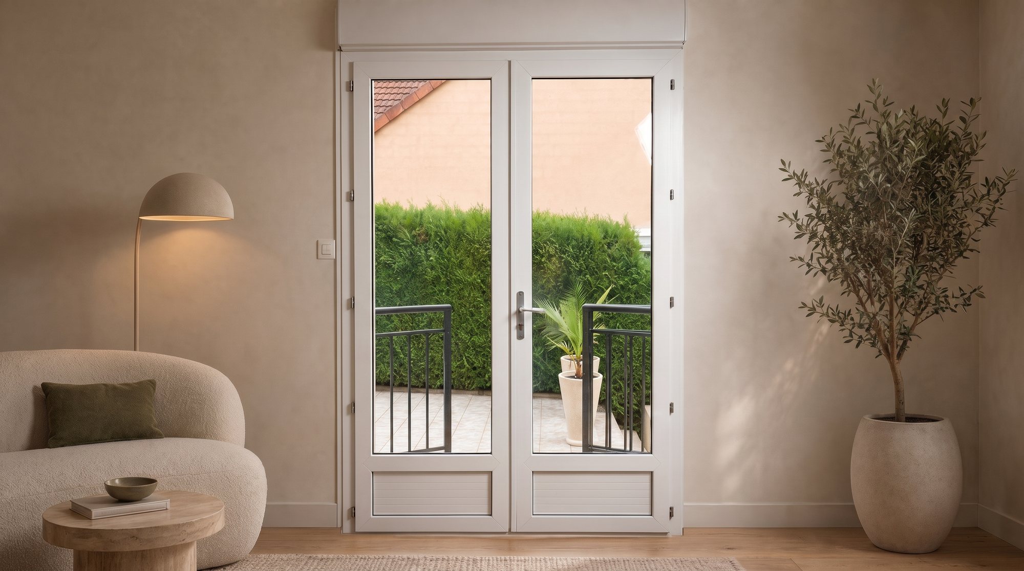 Porte-fenetre double vantail blanche, vue sur une terrasse et un jardin