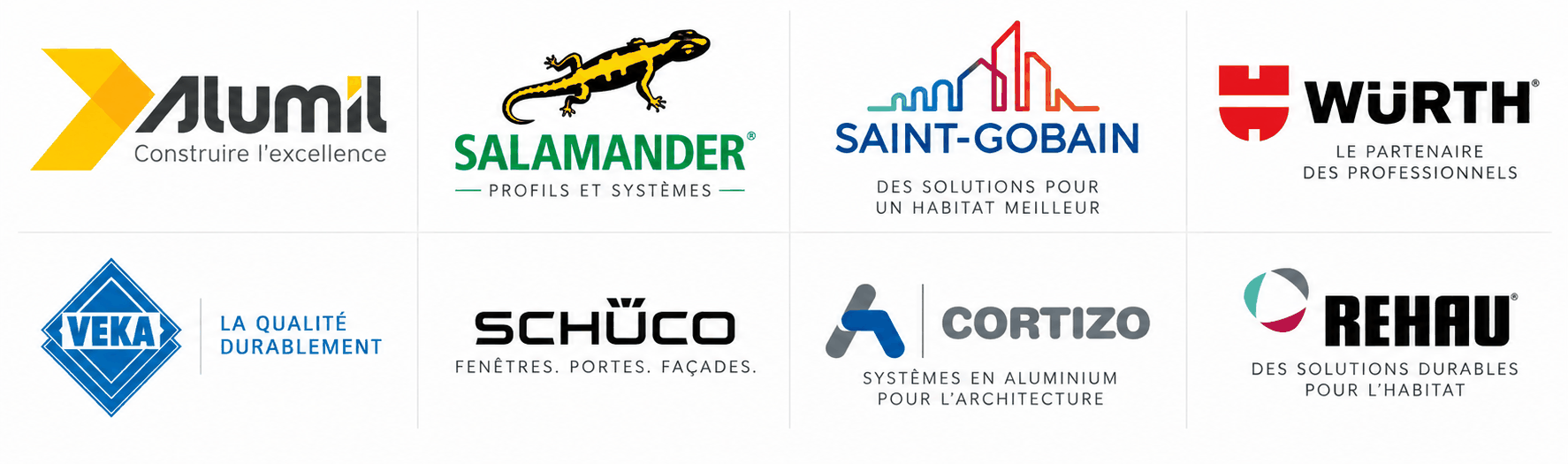 Logos de nos partenaires : Alumil, Salamander, Saint-Gobain, Würth, Veka, Schüco, Cortizo et Rehau