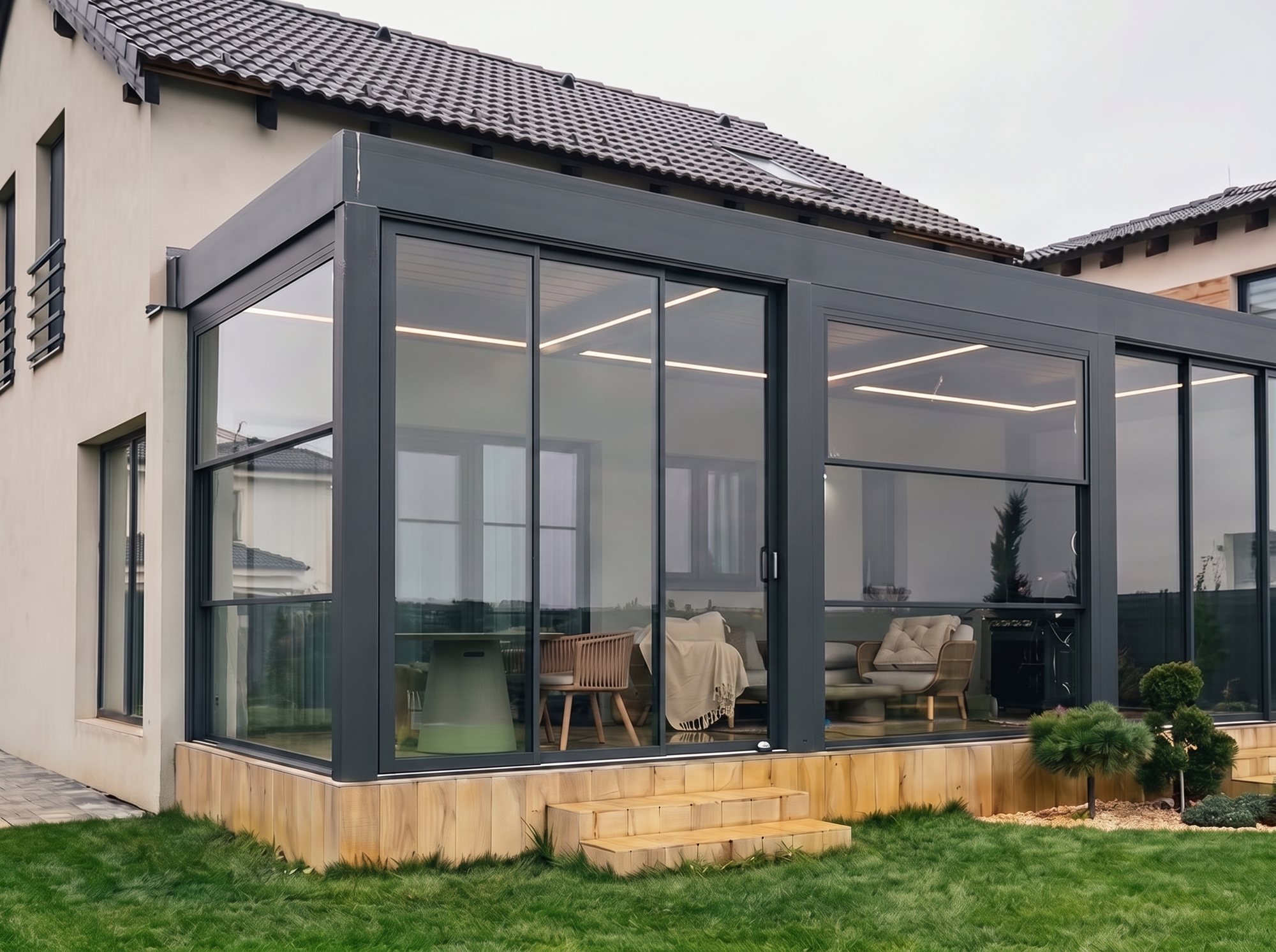 Véranda aluminium sur une terrasse en bois, ossature anthracite et grandes baies vitrées
